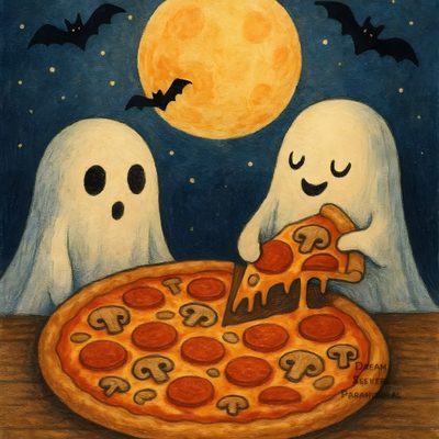 a painting of two ghost eating pizza in front of a full moon Halloween Pizza Cartoon Draw Halloween Art, Drawing Halloween, Halloween Draw, Drawing Halloween Art, sienna