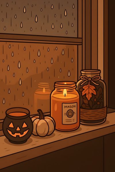 a window sill with candles and pumpkins on it Halloween Candle Cute And Cozy Backgrounds, Fall Theme Illustration, Cute Fall Aesthetic, saddle brown