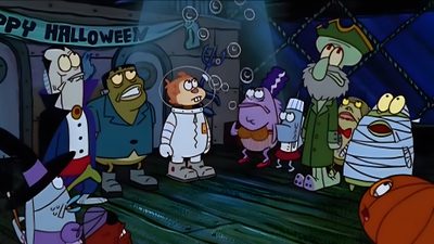 several cartoon characters standing in front of a happy halloween sign Funny Halloween Computer Spongebob Halloween Aesthetic, Spongebob Scaredy Pants, Squidward Halloween Episode, dark slate gray