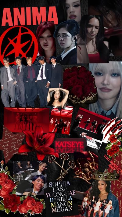 the collage has many different pictures and words on it, including an image of a woman Katseye Halloween Animals, black