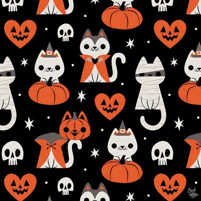halloween seamless pattern with cats, pumpkins and skulls on black background for wallpaper Halloween Cats Bats Owls Spiders Sm Halloween Pattern Design Ideas, Halloween Cat Pattern, Cute Halloween Pattern, black