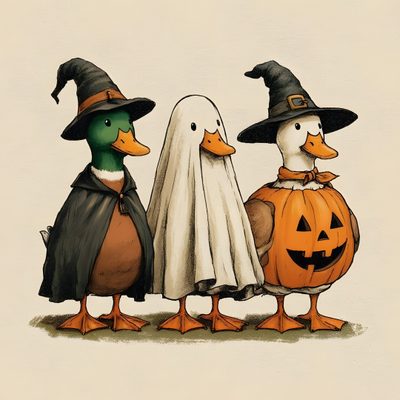 three ducks dressed up in halloween costumes Halloween Ducks Fun Fall Drawing, Duck Pumpkin Painting, Halloween Animals Drawing, wheat