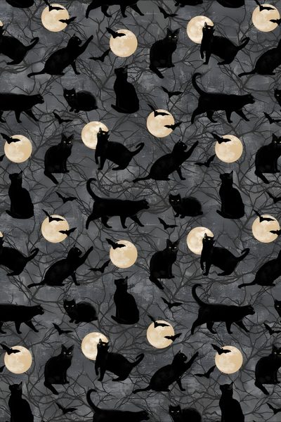 black cats and full moon silhouettes on grey background fabric by the yard for free spirit fabrics Halloween Black Cat Pillow Witch And Cat Print Pattern, Black Cat Background, Black Cat Digital Pattern, dark slate gray
