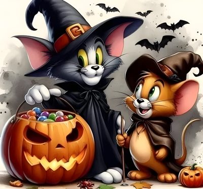 two cats dressed up as witches and one is holding a candy bowl in front of a pumpkin Tom And Jerry Halloween Images Of Cartoon Halloween Characters, Halloween Disney Cartoon Characters, Tom And Jerry Halloween Drawing, dim gray