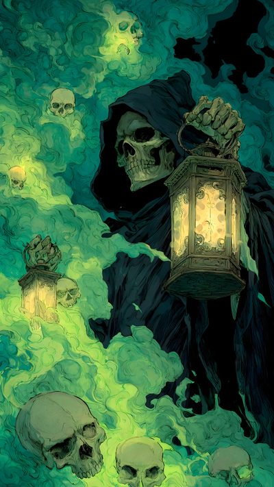 a drawing of a skeleton holding a lantern in front of some skulls on the ground Dnd Halloween Undead Background, Green Skull, Creepy Art, Green Scary, Grim Reaper Aesthetic, dark slate gray
