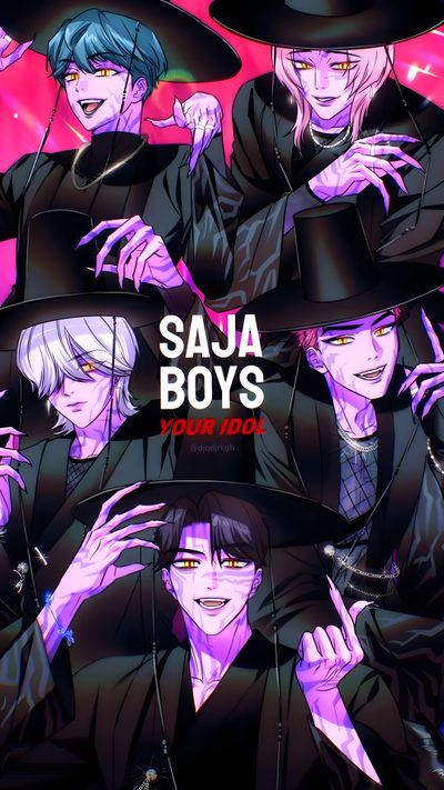 the poster for saja boys'album, featuring two men in black hats and one wearing Saja Boys Halloween Kpop Demon Hunters X Saja Boys, K-pop Demon Hunters Saja Boys, Baby Saja Saja Boys Demon Hunters, dark slate gray