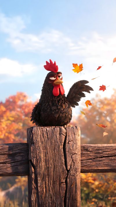 a chicken sitting on top of a wooden fence with autumn leaves falling from the sky Halloween Chicken Chicken, rosy brown
