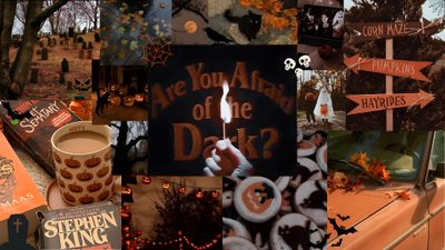 a collage of halloween themed items including books, candles, and pumpkins in the woods Cute Aesthetic Halloween For Computer Halloween Laptop Aesthetic, Fall Halloween Desktop, Halloween Mac, dark olive green