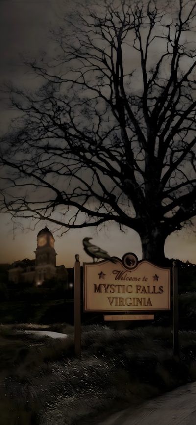 a large tree sitting on the side of a road next to a sign that reads mystic falls virginia Halloween Iphone Movies And Shows The Vampire Diaries 3, Vintage, Vampire Diaries Seasons, dark slate gray