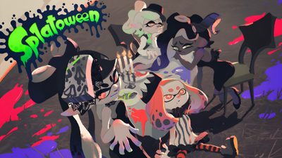 an image of some cartoon characters in front of a sign that says halloween on it Splatoon Halloween Splatoween Official Art, Splatoon 2 Official Art, Splatoon Promo Art, dark slate gray