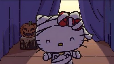 an animated hello kitty standing in front of a curtain with pumpkins on the other side Halloween Hello Kitty Laptop Hello Kitty Halloween Ipad, Fall Hello Kitty Laptop, Halloween Hello Kitty Laptop, dark slate gray