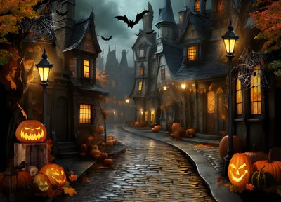 an image of a halloween scene with pumpkins on the street and houses in the background Halloween Village Ideas Haunted Village, Haunted Village Background Images, Halloween Ambience, dark slate gray