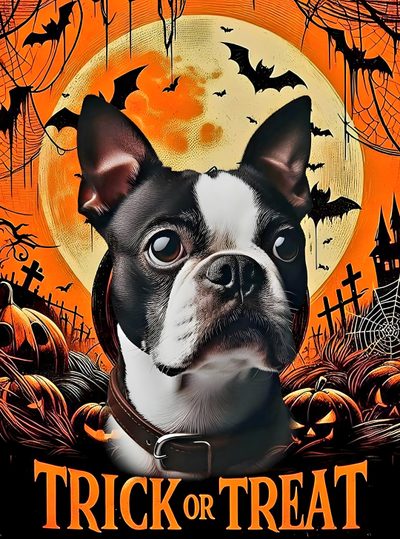 a black and white dog wearing a collar in front of a full moon with bats Halloween Boston Terrier Boston Terrier Halloween Drawing, Boston Terrier Halloween Clipart, Halloween Boston Terrier, saddle brown
