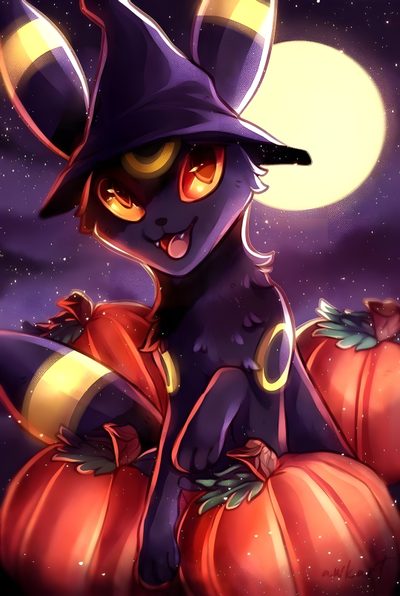 a cat dressed as a witch sitting on top of pumpkins in front of a full moon Halloween Umbreon Umbreon Pics, Umbreon Pictures, Umbreon Christmas, Halloween Umbreon, saddle brown