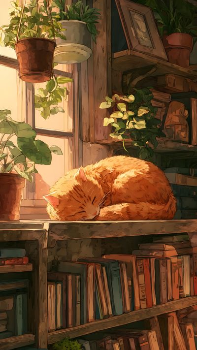 an orange cat sleeping on top of a bookshelf next to potted plants Orange Cat Halloween Cat On A Bookshelf, Orange Cat Art, Ginger Cat Illustration, Orange Cat, saddle brown
