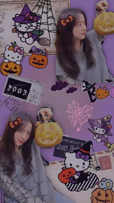 a collage of photos with hello kitty and other halloween related items in the background Halloween Blackpink K Pop Halloween, Black Pink Halloween, Halloween Blackpink, dim gray