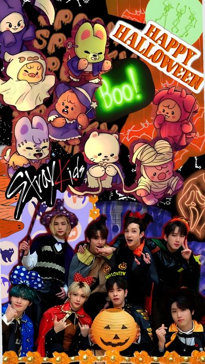 the group is posing for a photo in front of halloween decorations Skz Halloween Halloween Backgrounds, Halloween Boo, Halloween, Kids, Halloween Kids, saddle brown