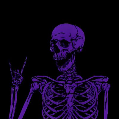 a skeleton holding up two fingers in front of a black background with purple glow on it Halloween Skeleton Hand Purple Purple Skeleton Background, Purple Skeleton Aesthetic, Black And Purple Skeleton Art,