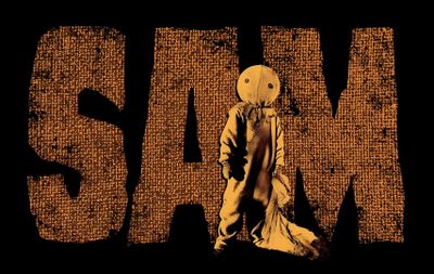 an image of a person standing in front of the word slam on a black background Halloween Sam Sam From Trick Or Treat, Sam Trick R Treat Pfp, Saw Movie Font, Sam Trick R Treat, black