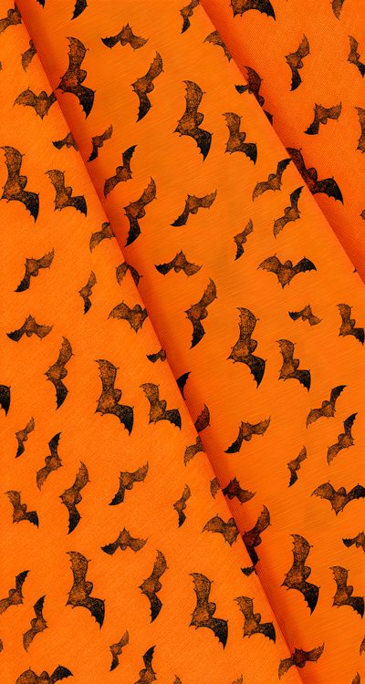 an orange background with black bats on it Vintage Bats For Halloween Fabric And Retro Bat Fabric, Orange Bat Pattern Decor, Orange Halloween Bat Pattern,