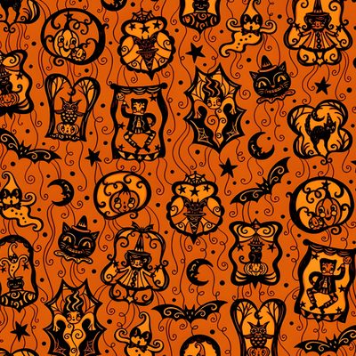 an orange and black pattern with cats on it Johanna Parker Halloween Halloween Marionette, Halloween Marionette Puppet Show, Halloween Marionette Show, chocolate