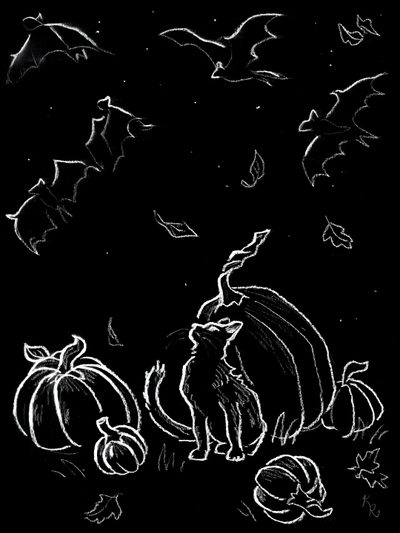a black and white drawing of bats, pumpkins and a dog in the dark Halloween Chalkboard Art Charcoals, Marker Drawing, White Charcoal, Charcoal Drawing, Halloween Paper, black