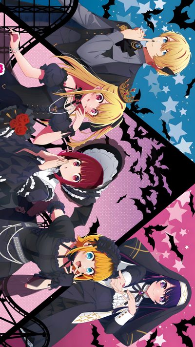 the anime characters are standing in front of an abstract background with stars and bats on it Oshi No Ko Halloween Oshi No Ko Halloween, Oshinoko Poster, Aqua And Ruby Official Art, dark slate gray