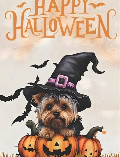 a dog wearing a witches hat and sitting on top of a pumpkin with the words happy halloween Yorkie Halloween Halloween Chihuahua, Chihuahua Halloween Background, Halloween Yorkie Dog Sign, wheat