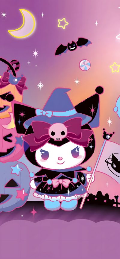 two cartoon characters are standing next to each other in front of a purple background with stars and moon Kuromi Sanrio Halloween Kuromi Hallowen, Kuromi Halloween Iphone, Kuromi Tablet, Kuromi Fall, rosy brown