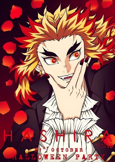 an anime character with blonde hair and red eyes holding his hand up to his face Rengoku Halloween Halloween Rengoku, Hashira Halloween, Rengoku Halloween Pfp, Rengoku Official Art, brown