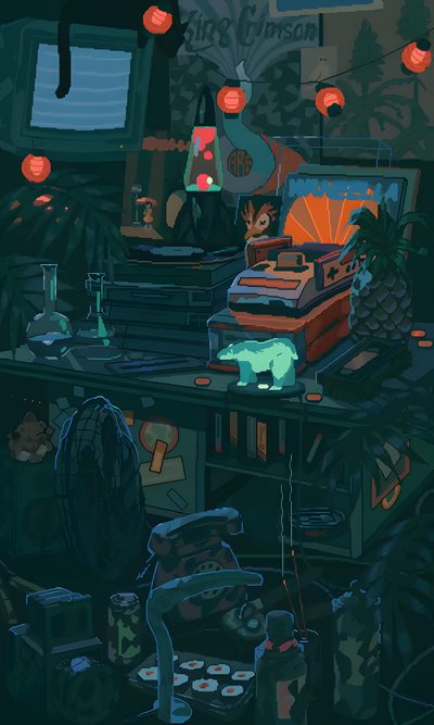 an image of a room with many things on the table and lights hanging from the ceiling Vaporwave Halloween Animated Pixel, Pixel Art Gif Phone, Animated Pixel Art, dark slate gray