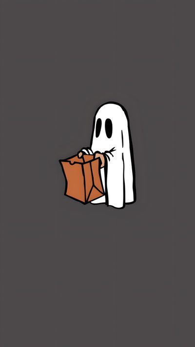 a ghost with a bag in it's hand is holding something up to its mouth Baggu Halloween Halloween Simple, Simple Halloween, Basic Halloween Backgrounds, dark slate gray