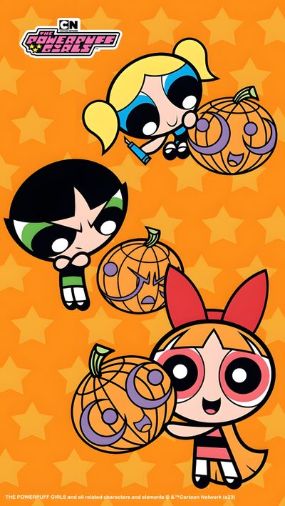 the powerpuff girls cartoon characters with pumpkins Powerpuff Girls Halloween Halloween Powerpuff, Powerpuff Halloween, Powerpuff Girls Fall, dark orange