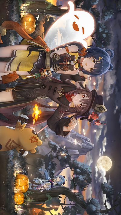 some anime characters are standing in front of a full moon and trees with their arms around each other Halloween Genshin Liyue 4k, Fall Genshin, Liyue Lantern Rite, Halloween Genshin, dark olive green
