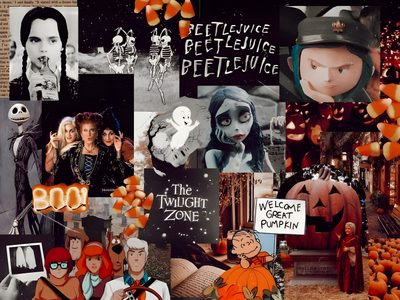 a collage of halloween pictures with pumpkins Halloween Collage Laptop Halloween Macbook Aesthetic, Halloween Desktop, Halloween Iphone, dark olive green