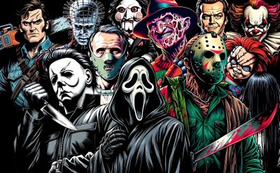 a group of people with masks and knives Halloween Horror Characters Horror Movie Tattoos, Horror Room, 1360x768, Scary Movie Characters, black