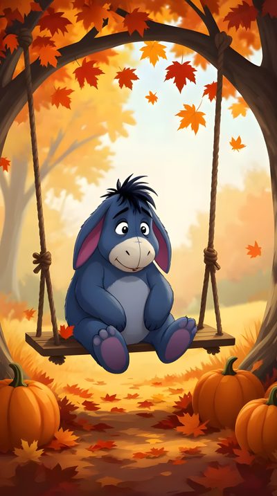 a cartoon character is sitting on a swing in the fall forest with pumpkins and leaves Eeyore Halloween Eeyore Thanksgiving Images, Eeyore Thanksgiving, Thanksgiving Eeyore, peru