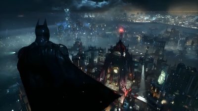 the dark knight rises in batman's new york city at night, as seen from above Arkham Halloween Dark Knight Urban Vigil, Batman Night Cityscape, Batman Overlooking City At Night, dark slate gray