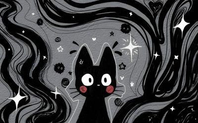 a black cat with stars and swirls on it's face is looking up at the sky Desktop Black Cat Halloween Spooky Laptop, Gothic Tablet, Jiji Desktop, Laptop Desktop Gif, dark slate gray