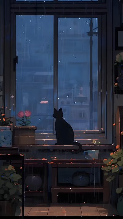 a black cat sitting on top of a window sill next to a potted plant Halloween Lofi Moving, Live Screen, Live Iphone, Animes, Love Animation, Japon Illustration, dark slate gray