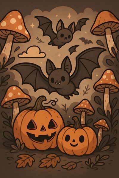 halloween pumpkins with bats and mushrooms in the background Halloween Pumpkin Bat Cute Halloween Poster, Halloween Poster Drawing, Halloween Poster Drawing Ideas, dark olive green