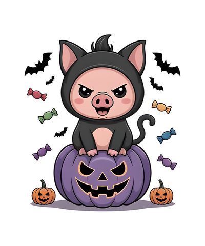 a little pig sitting on top of a pumpkin with bats around it's legs Halloween Pig Halloween Clipart, Doodles, Clip Art, Halloween, Drawings, white
