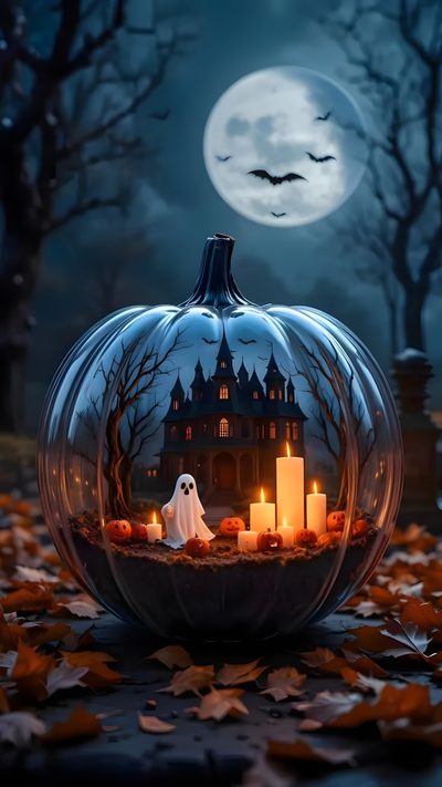 a halloween pumpkin with candles in it Halloween For Home Office Pumpkin, Halloween Moon, Autumn Scenery, Glass Pumpkins, Halloween, dark slate gray