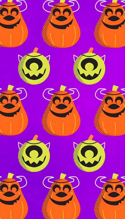 a purple background with orange and black pumpkins on it's sides, which have faces drawn in the middle Monsters Inc Halloween Cartoon Pumpkin Illustration, Diy Halloween Decor Inspiration, Halloween Party Invitation Ideas, medium violet red