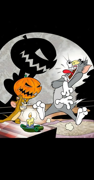 two cartoon characters in front of a full moon with pumpkins and jack - o'- lantern Tom And Jerry Halloween Oggy Halloween, Tom And Jerry Halloween Drawing, Tom And Jerry Cartoon Witch, black