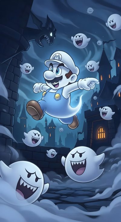 an image of a cartoon character in the air with ghost's around him and onlookers Halloween Mario Gamer, Kaws, Halloween Iphone Backgrounds, Dibujos De Personajes De Disney, dark slate gray