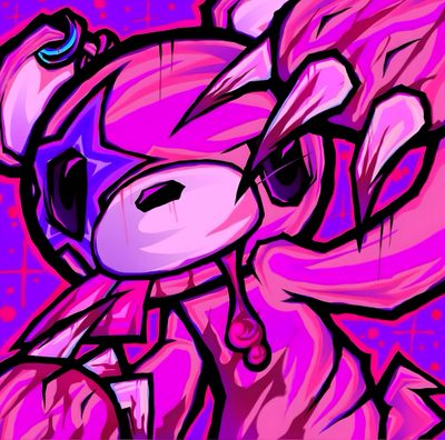 a painting of a pink teddy bear with black eyes Gloomy Bear Halloween Scene Pfp, Scene Kid Art, Eyestrain Art, Emo Art, Scene Drawing, medium violet red