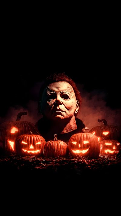 a halloween scene with pumpkins and a creepy man Halloween Michael Myers Iphone Happy Halloween Gif, Michael Meyer, Halloween 1978, black