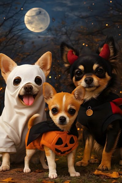 three chihuahua dogs dressed up in halloween costumes with pumpkins and bats around their necks Halloween Chihuahua Chihuahua, Halloween, dark slate gray