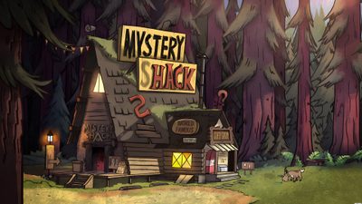 the mystery shack is surrounded by tall trees and other things in the background that are lit up Gravity Falls Halloween Mystery Shack, Mystery Shack Background, Gravity Falls Forest, dark slate gray